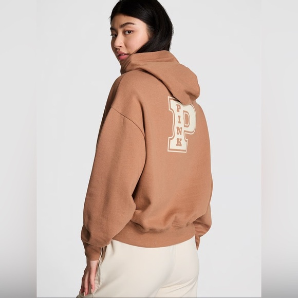 NWT! Victoria Secret PINK Ivy Campus Pull Over Hoodie Toffee Size L - Picture 2 of 10